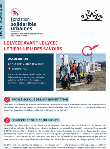 Fiche technique Le lycée avant le lycée - Le Plus Petit Cirque du Monde